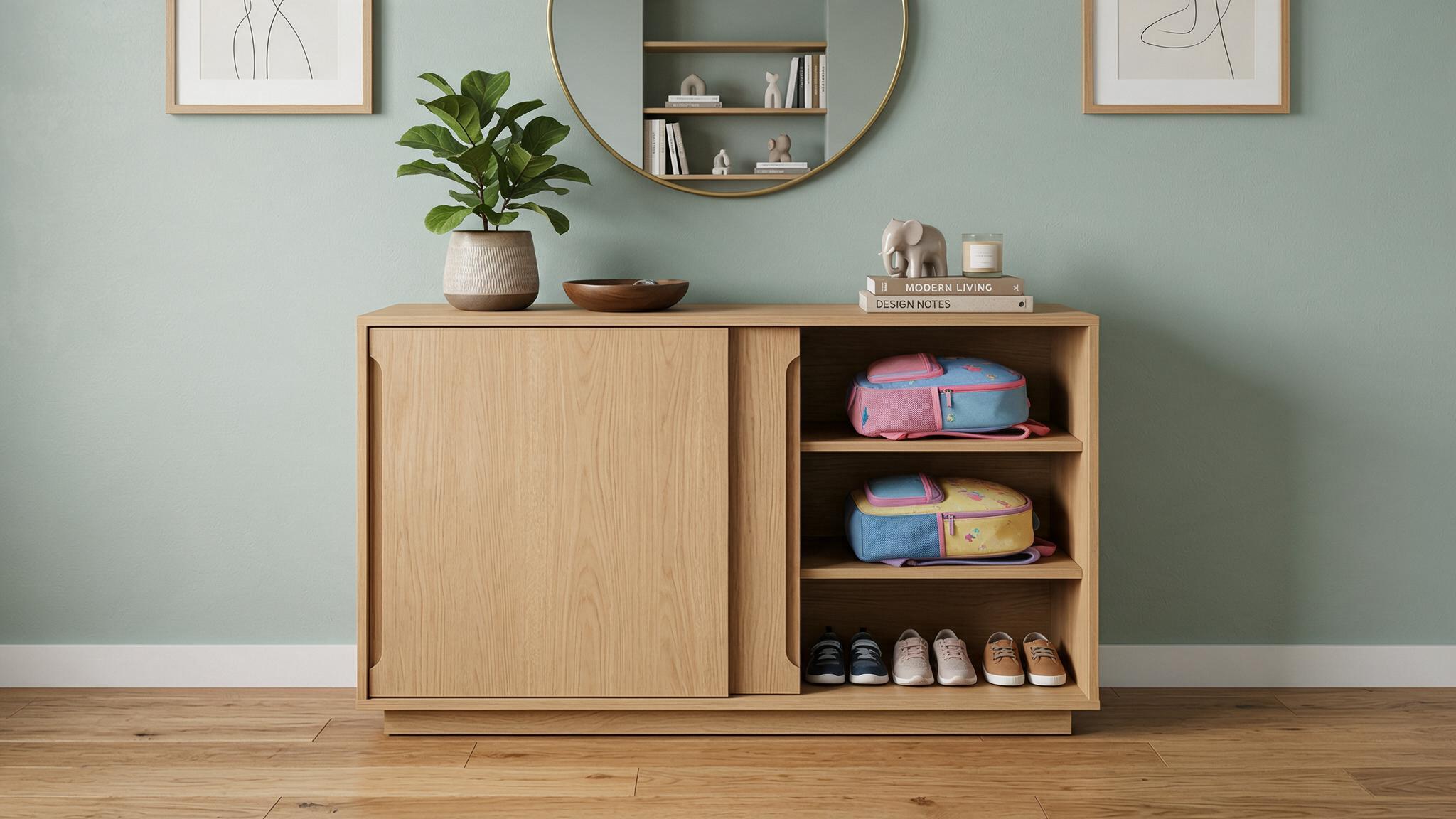 mueble de entrada organizado con zapatos y mochilas — interiorismo evolutivo Tenerife